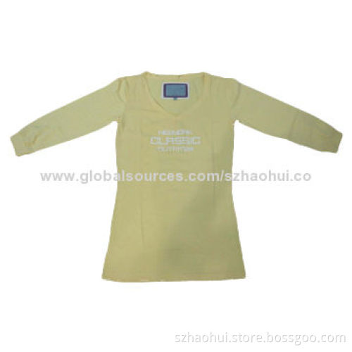 Women's 100% cotton V-neck long sleeve printed T-shirt, slim fit design, X-3XL size